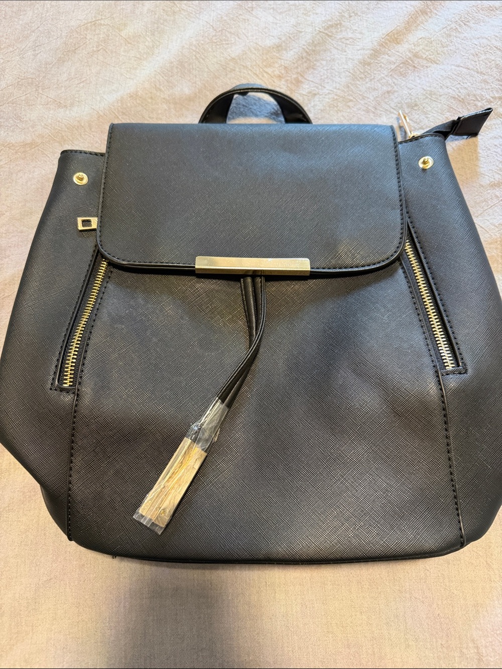Structured Black Faux Leather Backpack with Gold Hardware